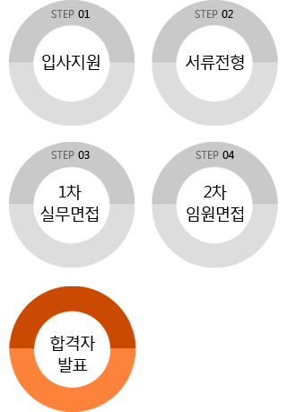 입사지원, 서류전형, 1차 실무면접, 2차 임원면접, 합격자 발표