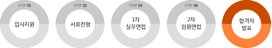 입사지원, 서류전형, 1차 실무면접, 2차 임원면접, 합격자 발표
